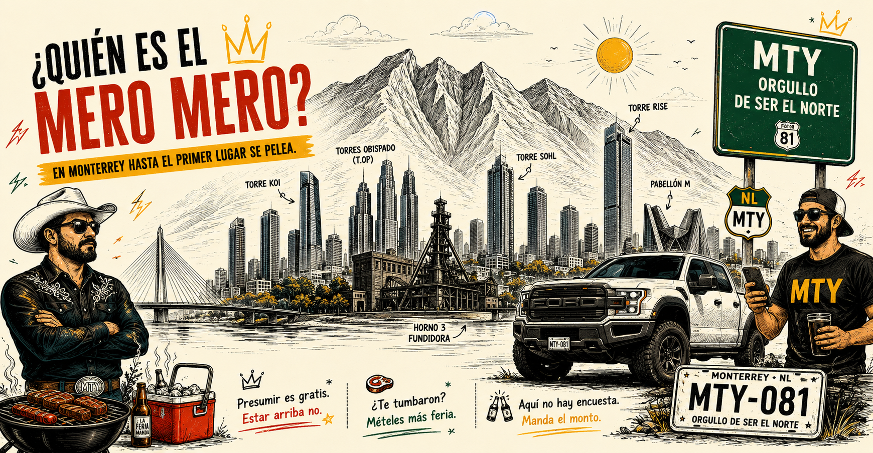 Ilustración de Monterrey con el Cerro de la Silla, skyline regio y guiños locales